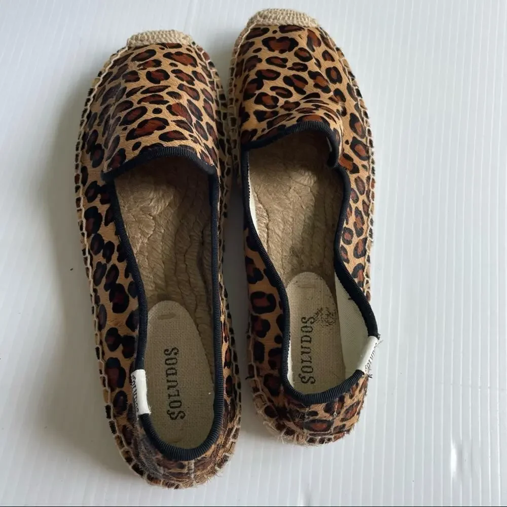 Soludos platform espadrilles calf hair animal print leopard smoking slipper sz 9